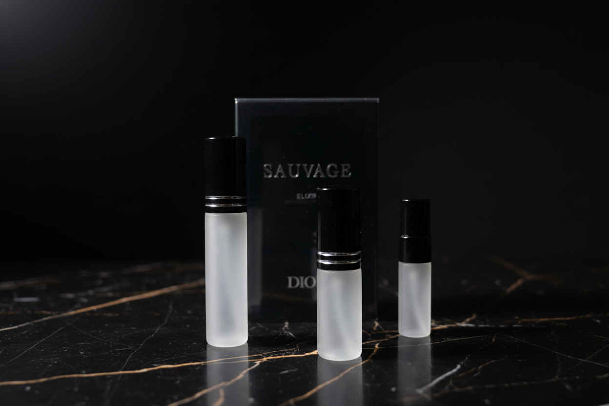 Vials with Sauvage box on marble